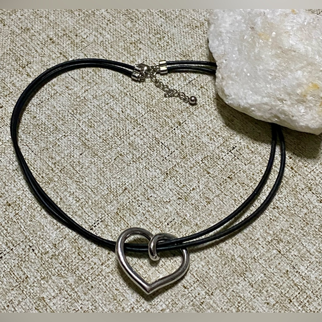 Silver Necklace, And Leather Strap, And Heart Pendant, Excellent Condition
